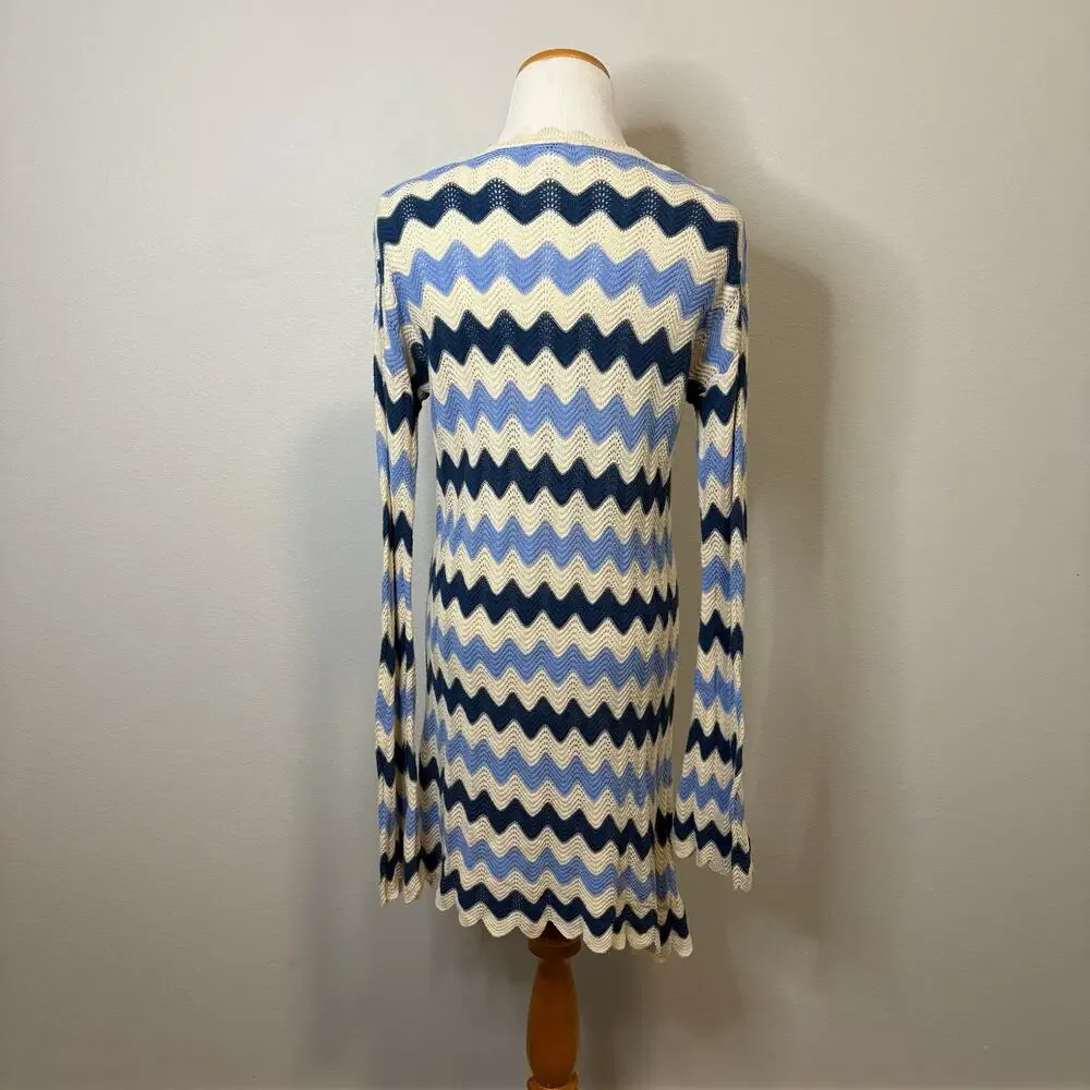 C&C California Blue and Ivory Bell Sleeve Crochet Mini Dress - Size XS